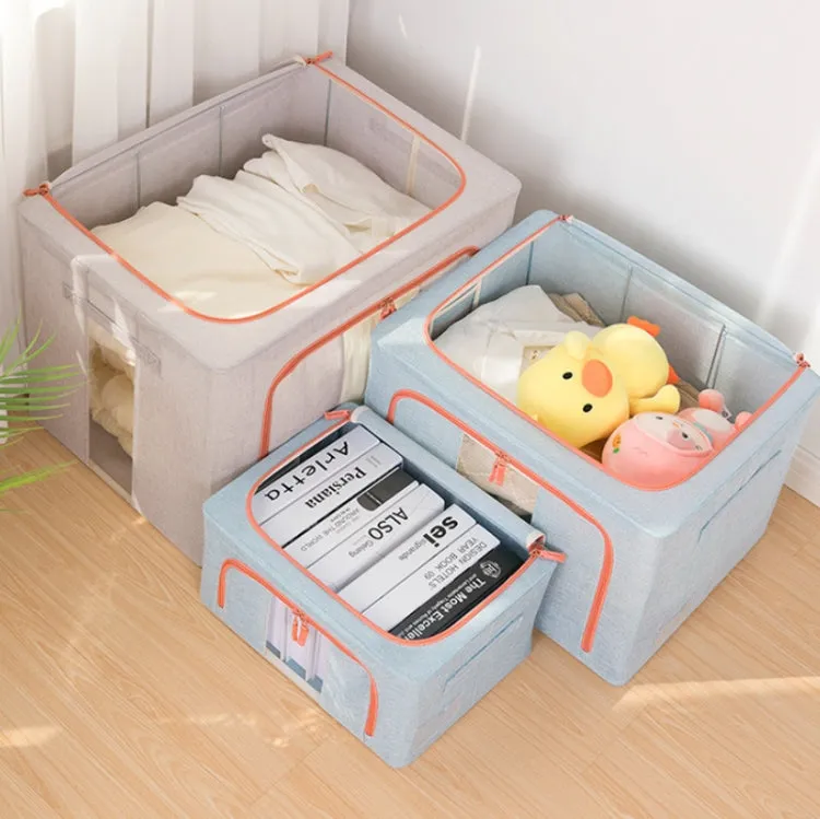 100L 60x42x40cm Fabric Steel Frame Quilt Clothing Storage Box Cotton Linen Storage Bag with Window(Beige)