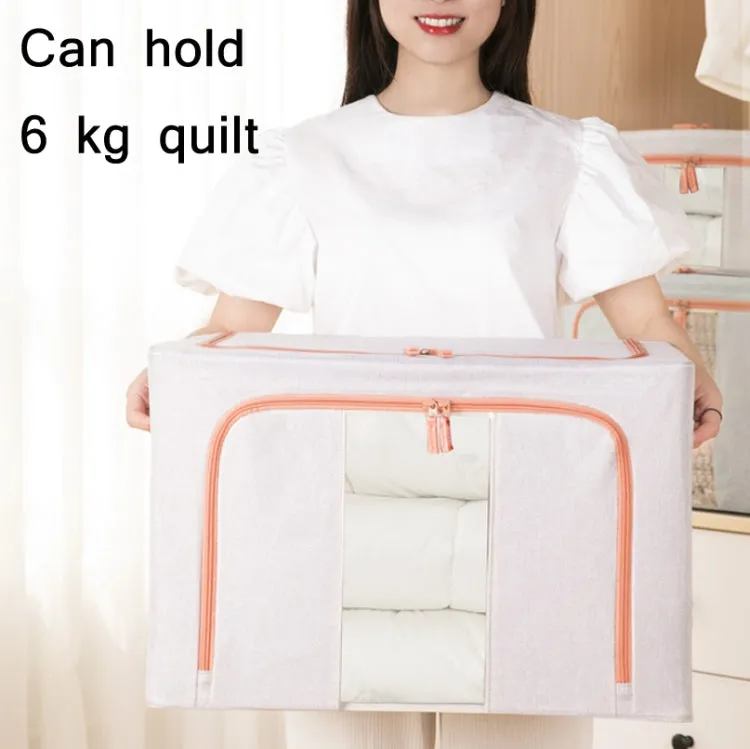 100L 60x42x40cm Fabric Steel Frame Quilt Clothing Storage Box Cotton Linen Storage Bag with Window(Beige)