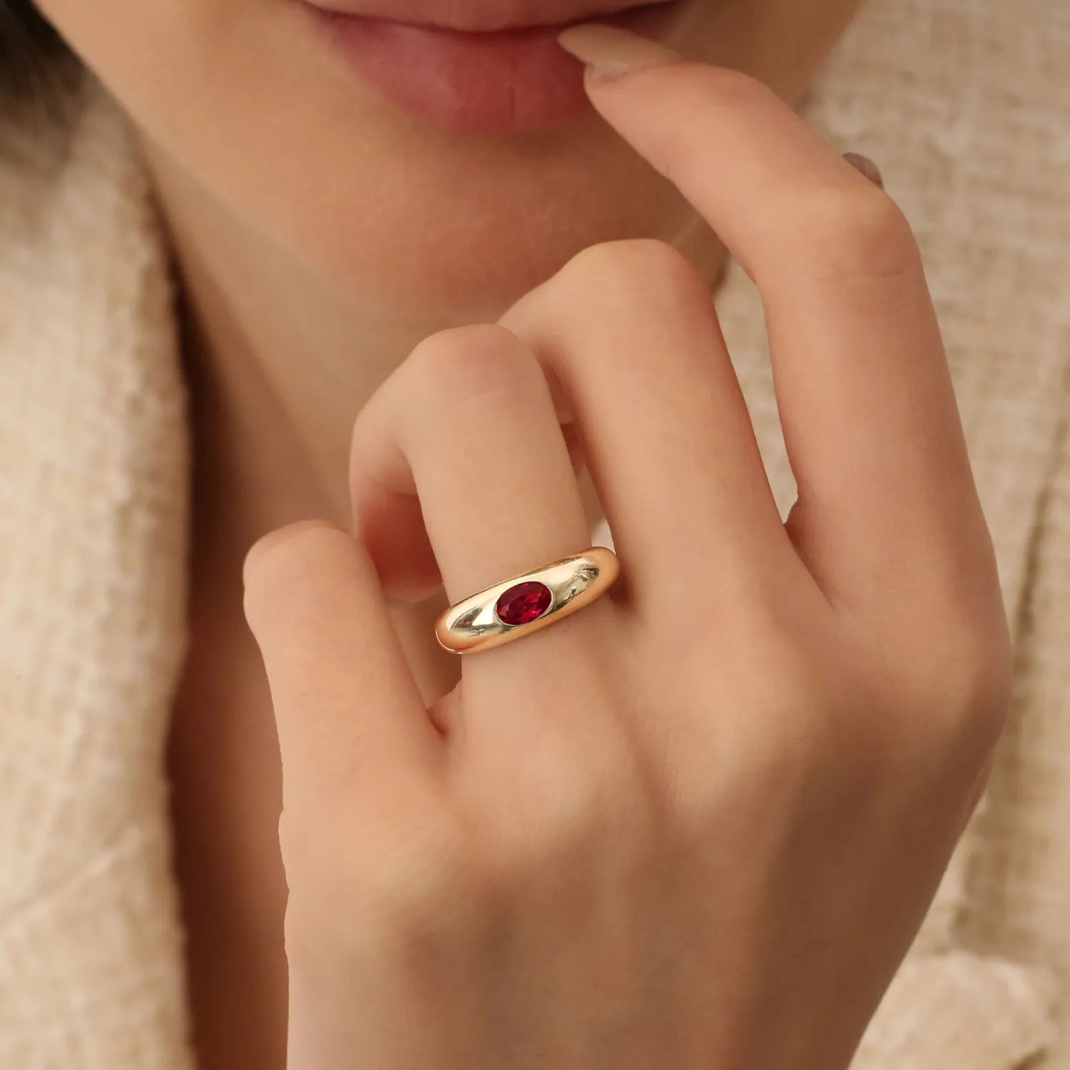 14k Flush Set Oval Ruby Dome Ring