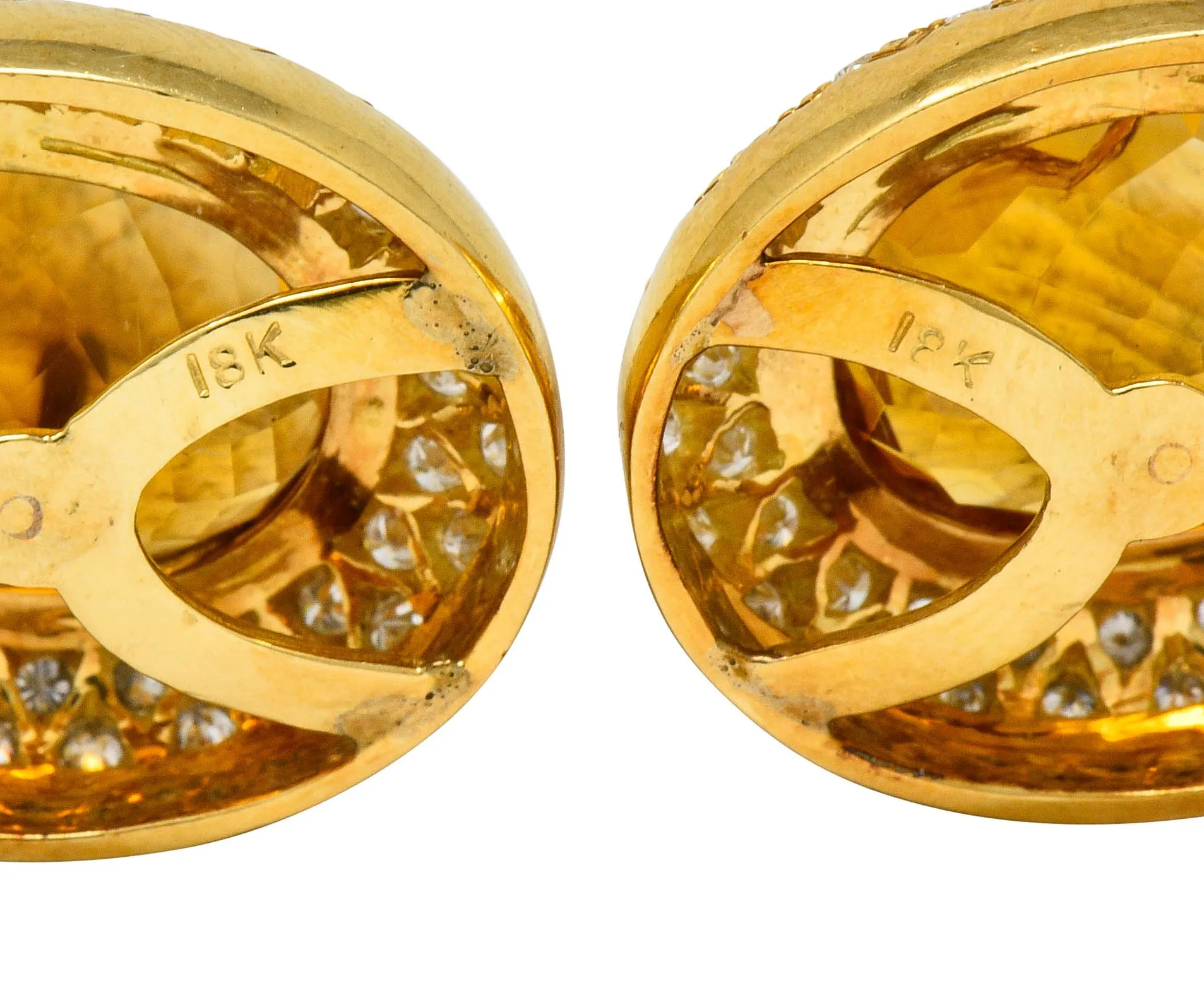 1960's Vintage Citrine 2.50 CTW Pave Diamond 18 Karat Gold Oval Earrings
