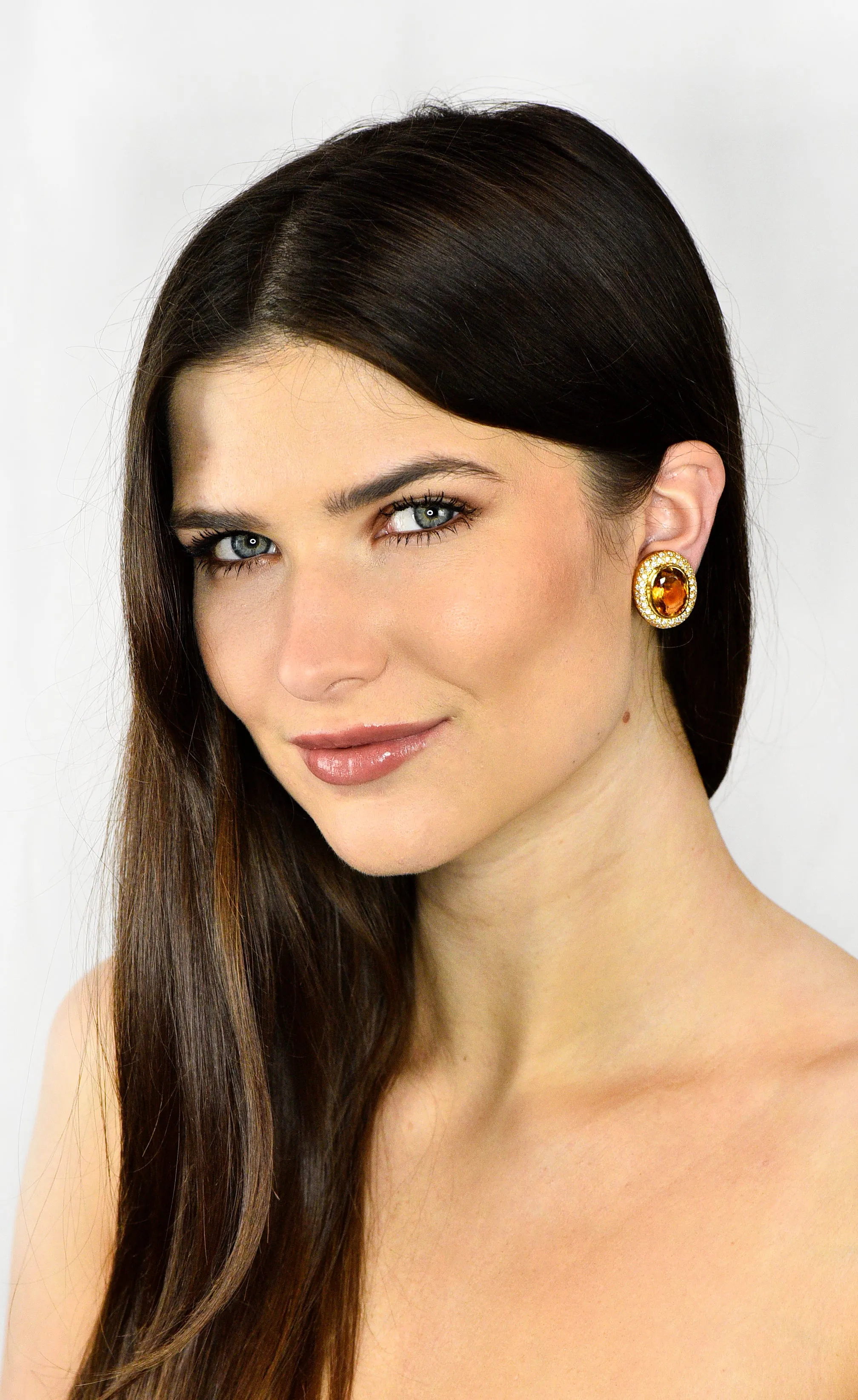 1960's Vintage Citrine 2.50 CTW Pave Diamond 18 Karat Gold Oval Earrings