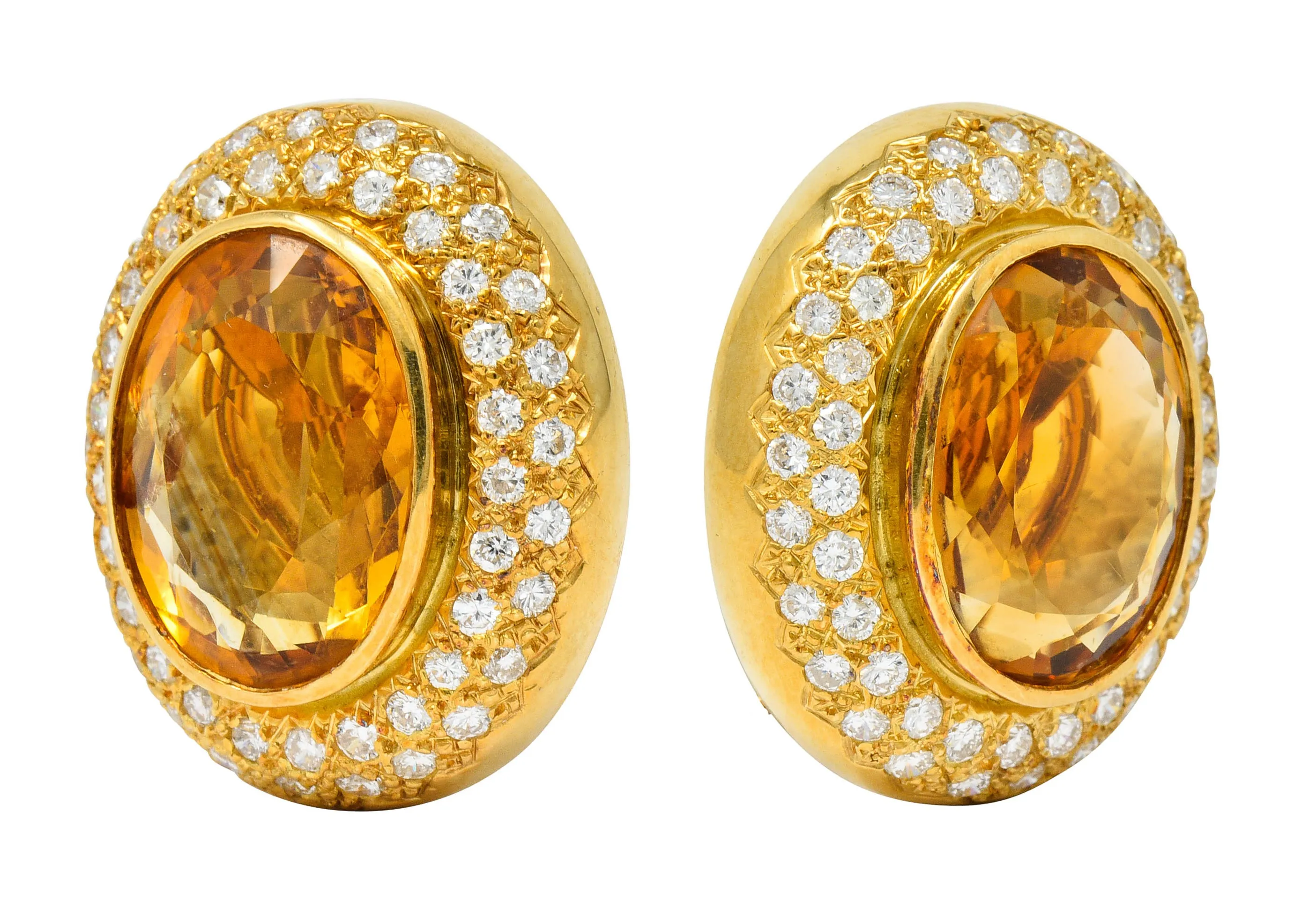 1960's Vintage Citrine 2.50 CTW Pave Diamond 18 Karat Gold Oval Earrings