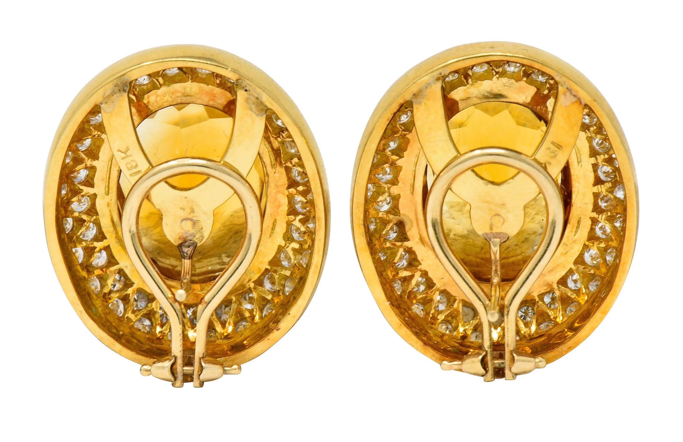 1960's Vintage Citrine 2.50 CTW Pave Diamond 18 Karat Gold Oval Earrings