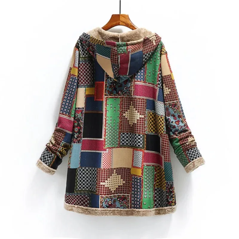 2023 Winter Vintage Women Coat Warm Printing Thick Fleece Hooded Long Jacket with Pocket Outwear Loose Jackets шерстяное пальто