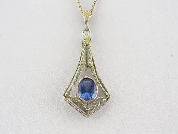 Antique Ceylon Sapphire Green Gold Lavalier Pendant