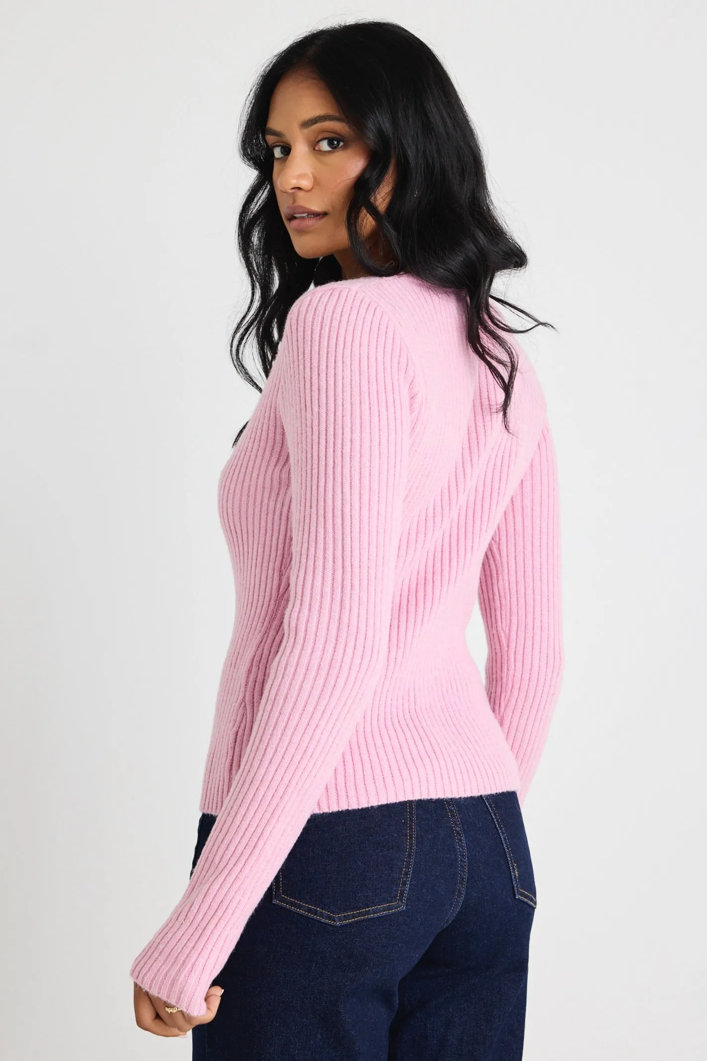 Apollo Candyfloss LS Rib Knit Split Front Top