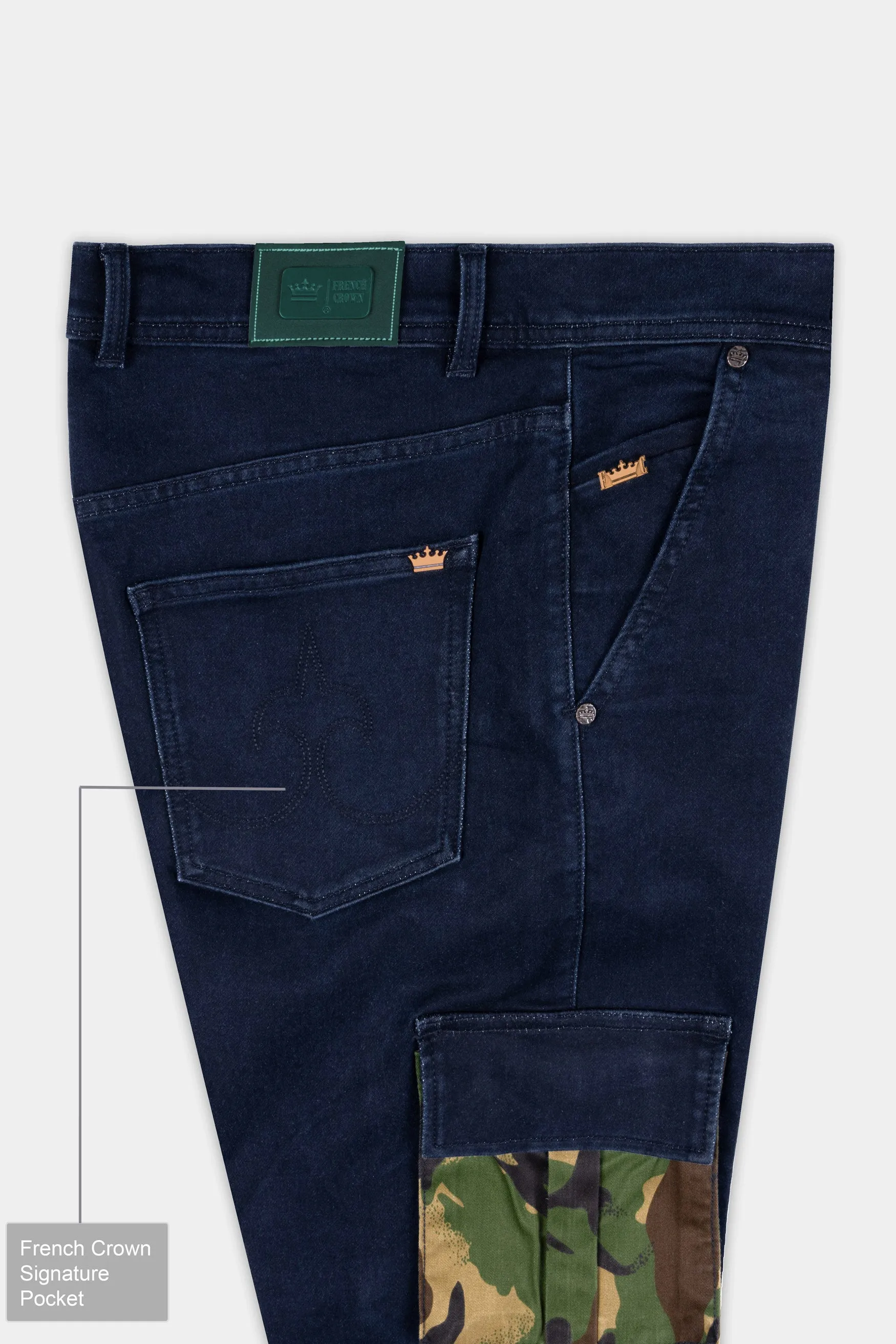 Berry Blue Rinse Wash Camouflage Pockets printed Cargo Denim