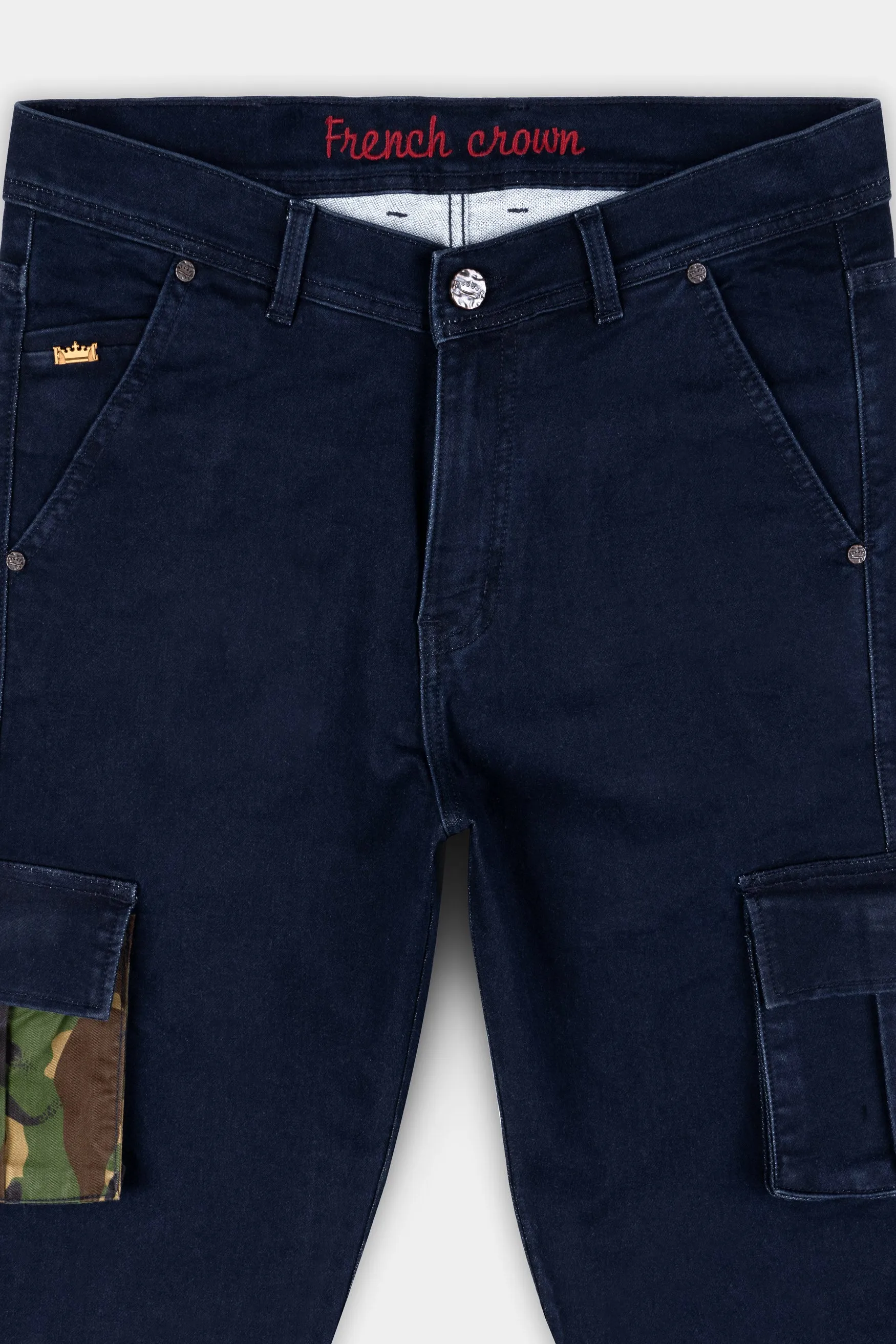 Berry Blue Rinse Wash Camouflage Pockets printed Cargo Denim