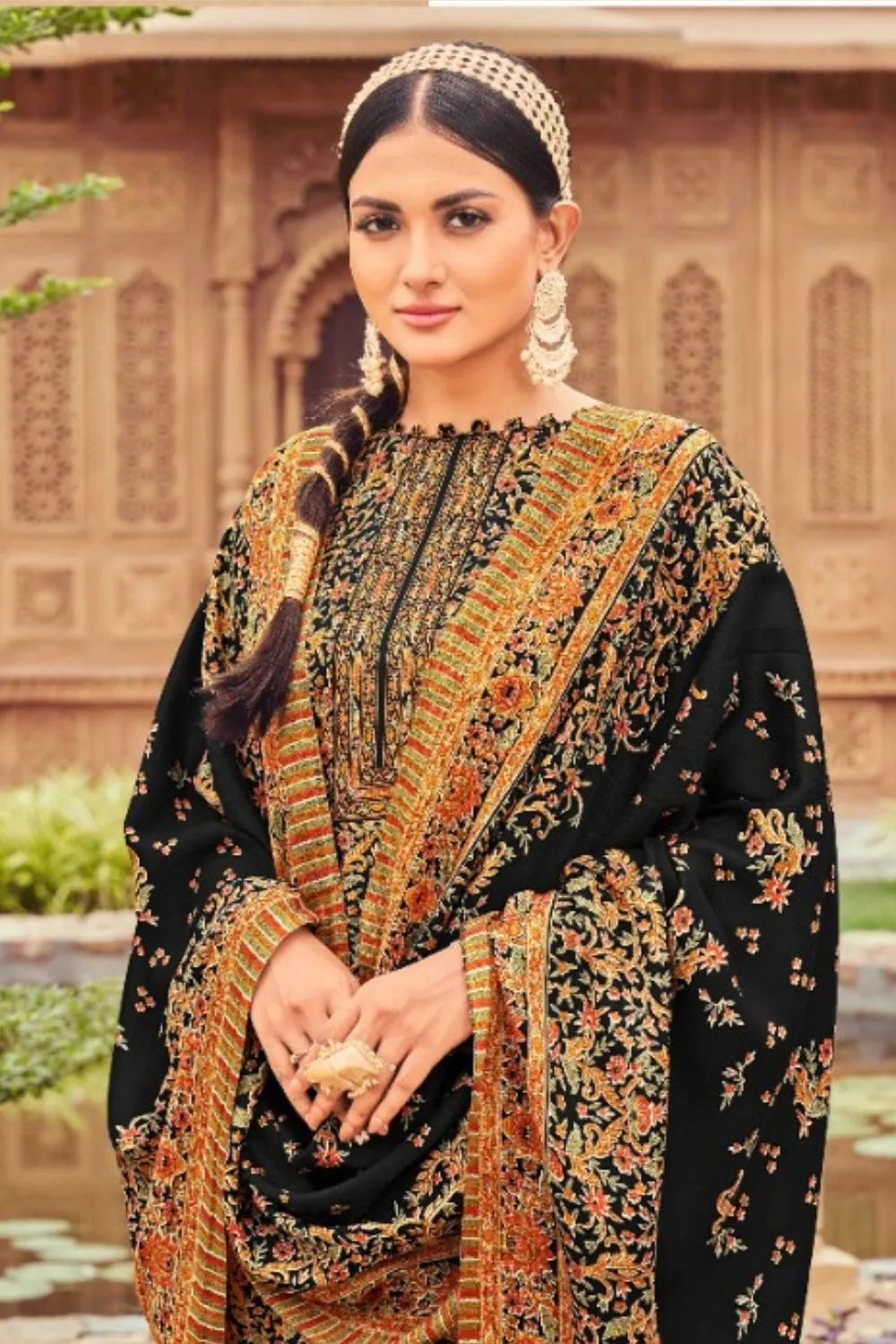 Black Colour Printed Woolen Unstitched Suit Fabric With Stole