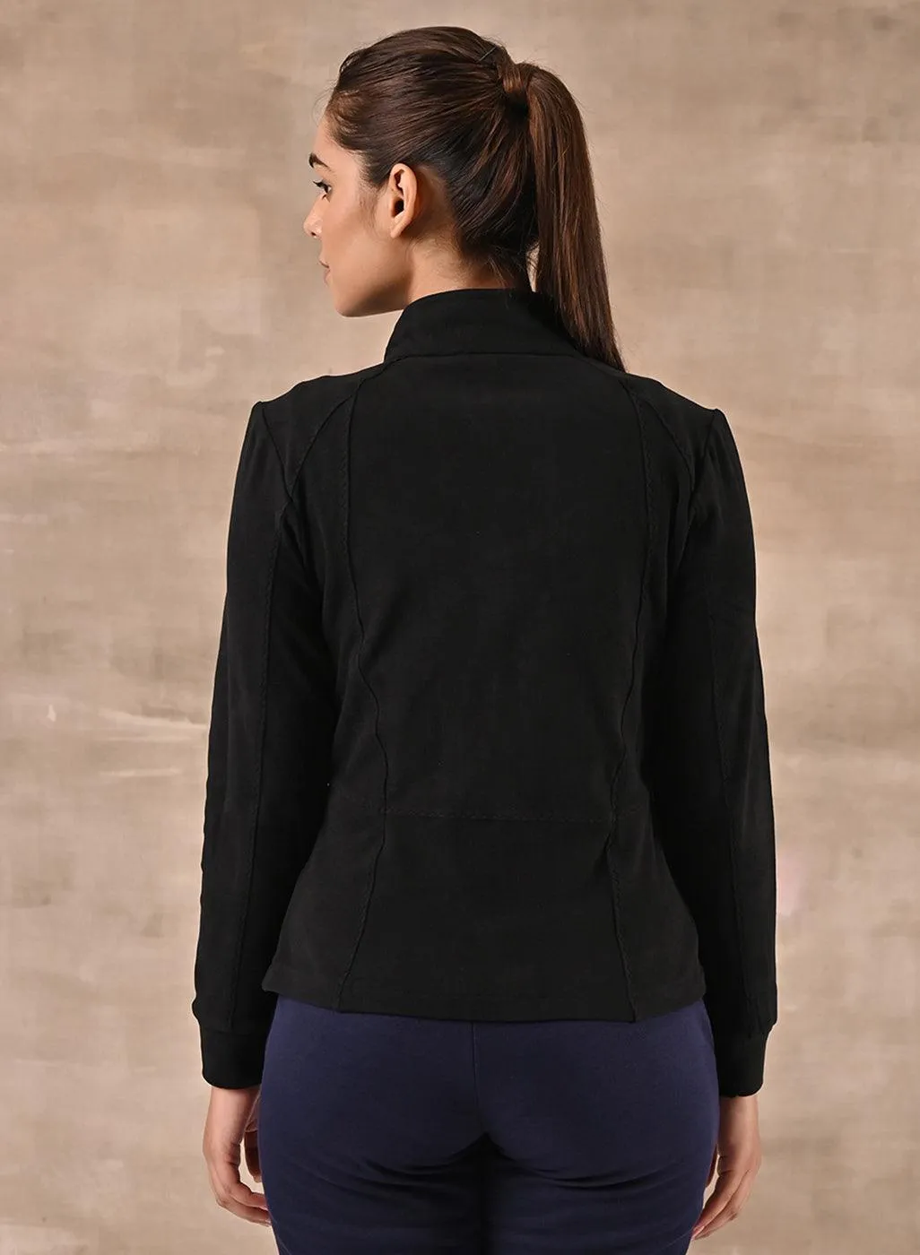 Black Woolen High Neck Jacket with Zig Zag Stitch Detail