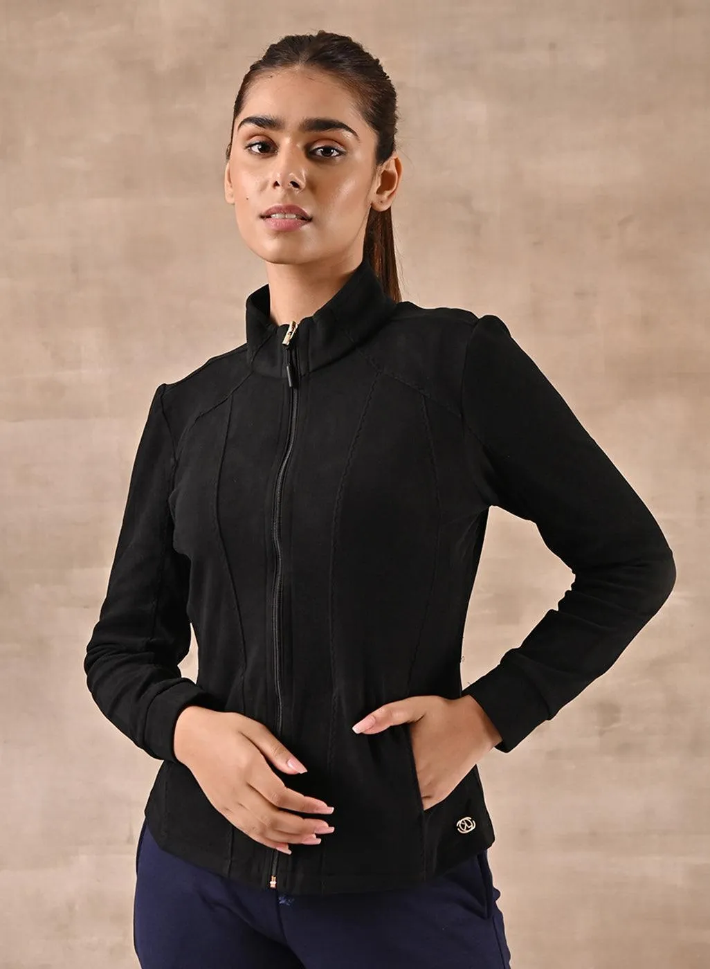 Black Woolen High Neck Jacket with Zig Zag Stitch Detail