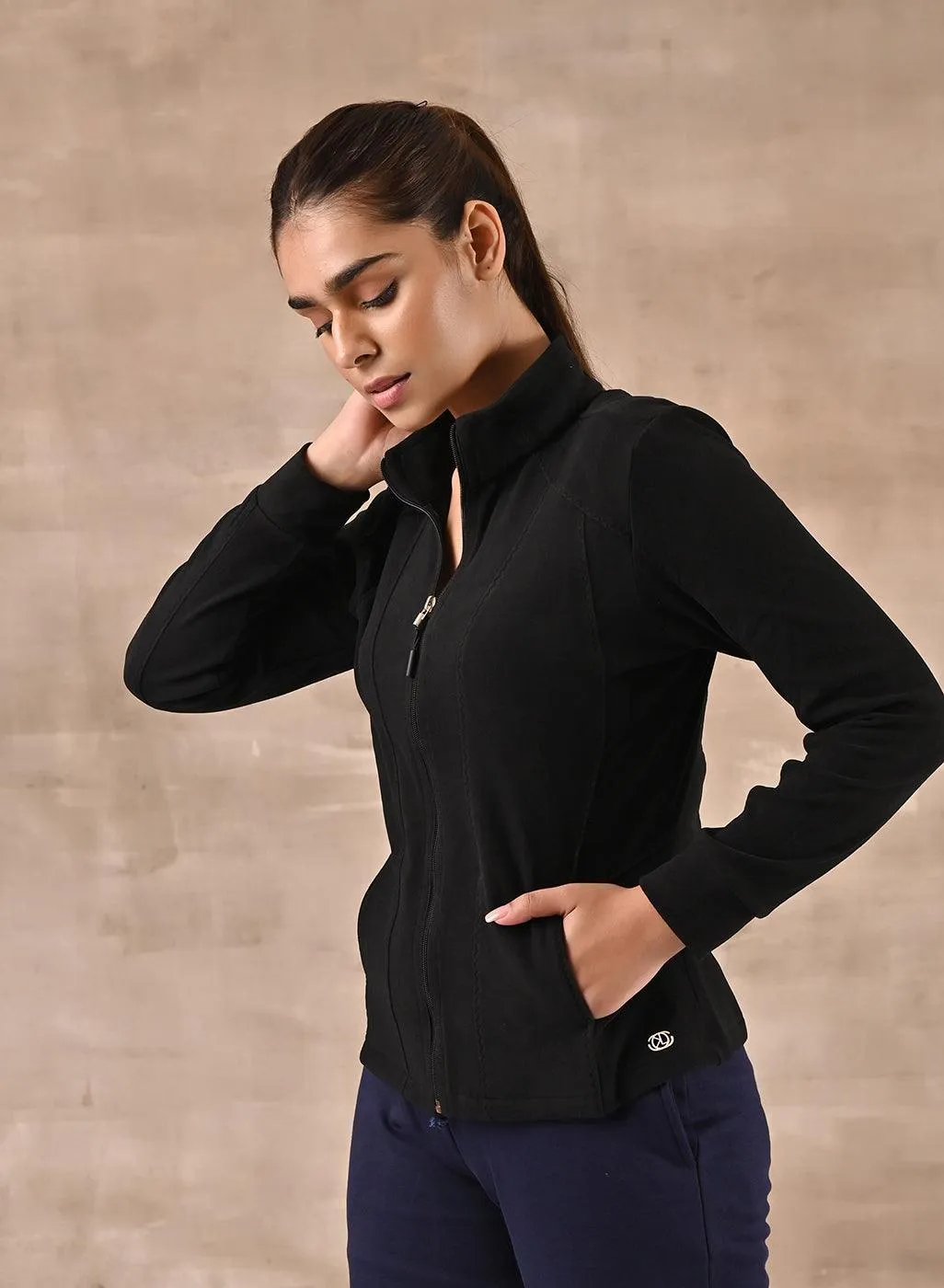 Black Woolen High Neck Jacket with Zig Zag Stitch Detail