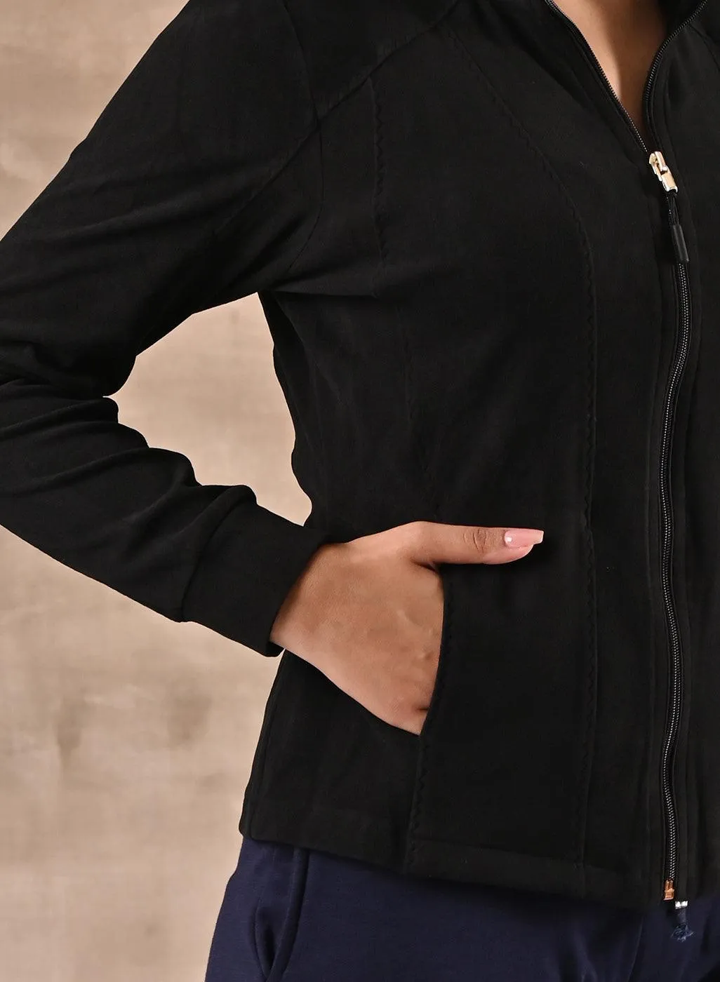 Black Woolen High Neck Jacket with Zig Zag Stitch Detail
