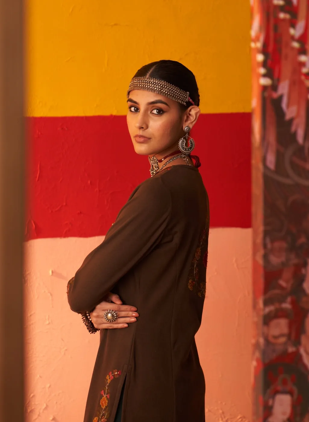 Brown Woolen Kurta for Women with Thread Work and Lace Detailing