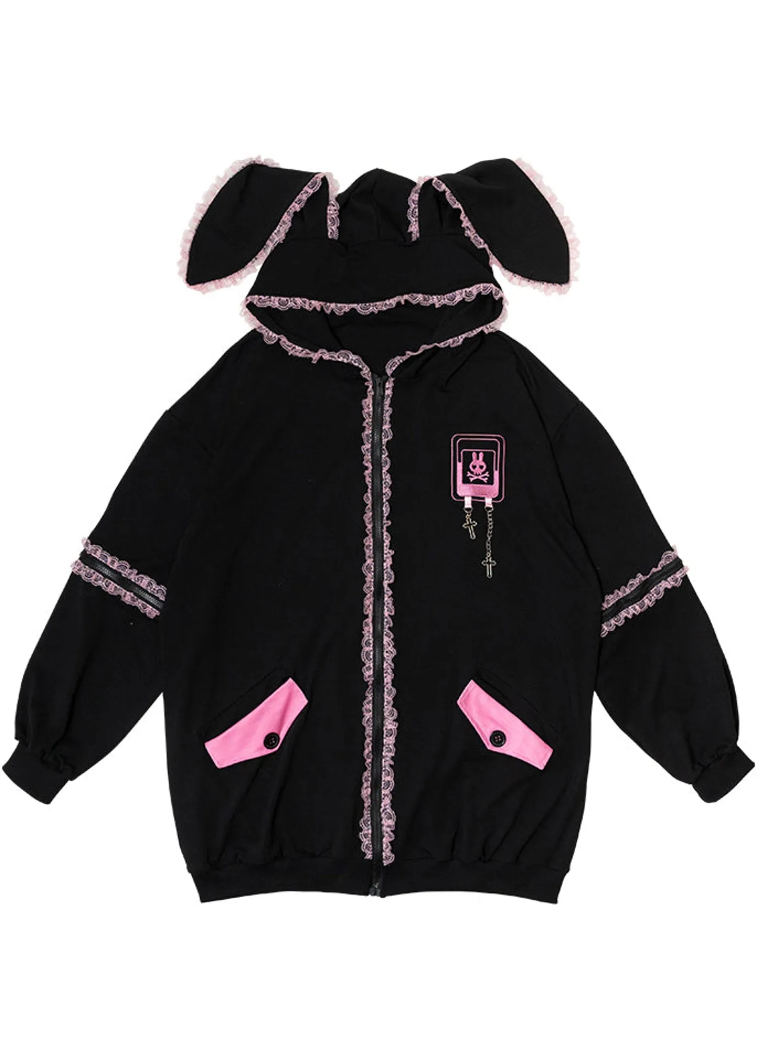 Bunny Dolls Punky Bunny Usamimi Black Pink Oversized Zip Hoodie
