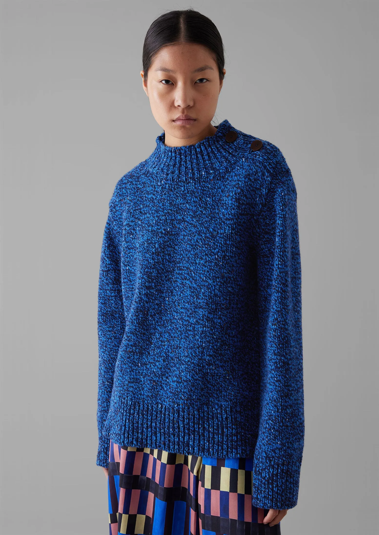 Button Shoulder Marled Donegal Wool Sweater | Blue Marl