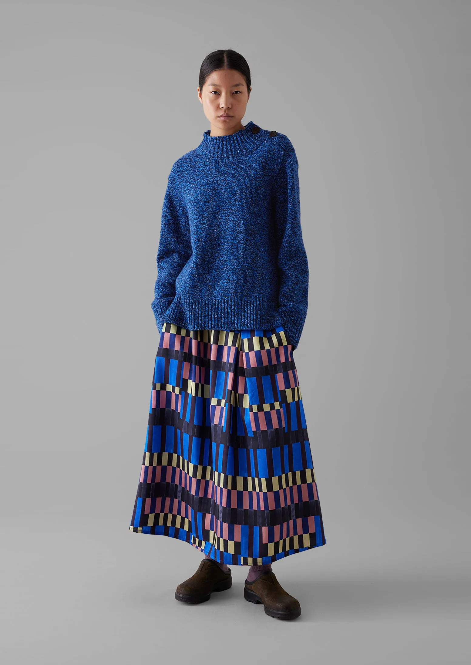 Button Shoulder Marled Donegal Wool Sweater | Blue Marl