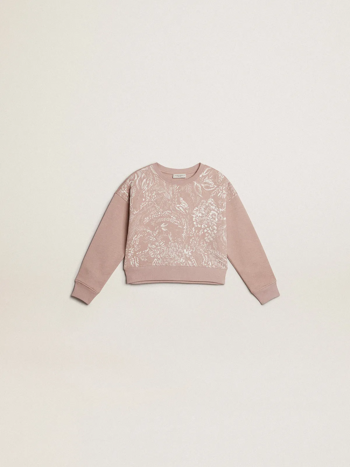 Cropped sweatshirt in pink cotton with toile de jouy print