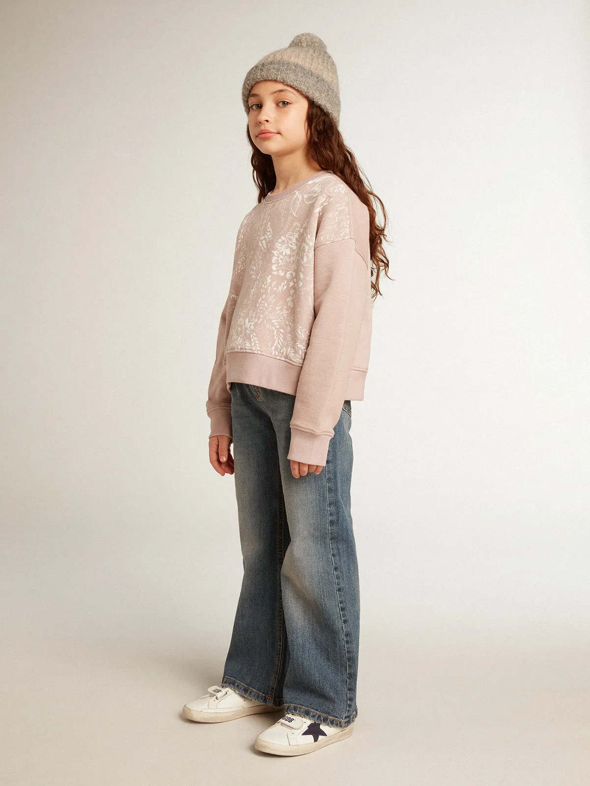 Cropped sweatshirt in pink cotton with toile de jouy print