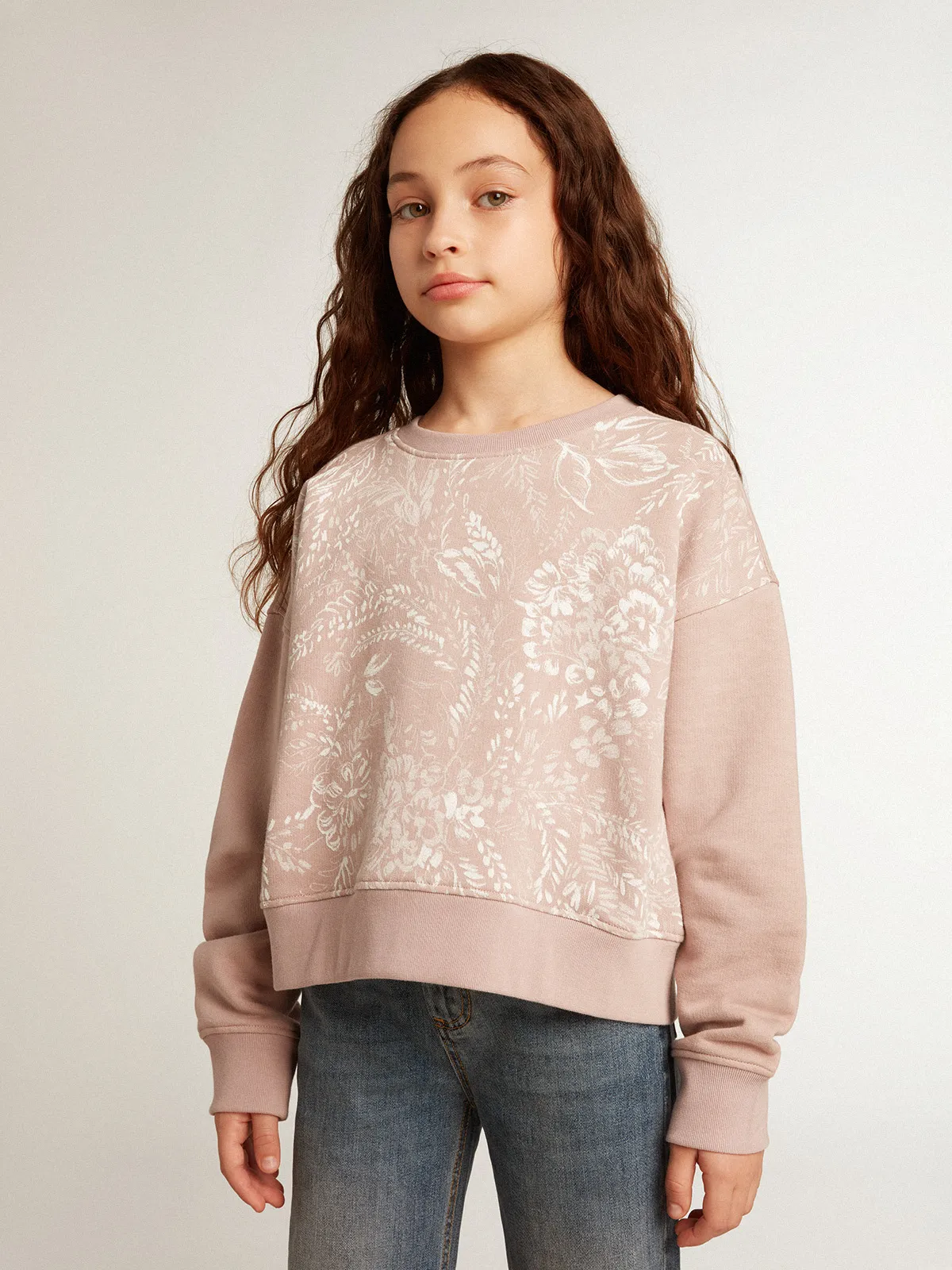 Cropped sweatshirt in pink cotton with toile de jouy print