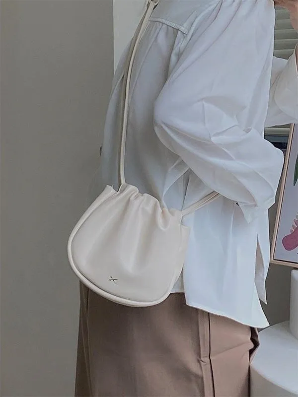 Cute Crossbody Sling Bag, Creamy Vegan Leather Shoukder Bag for Women, Pleated Opening Pouch Bag, Elegant Small Purse, Mininalist Handbag