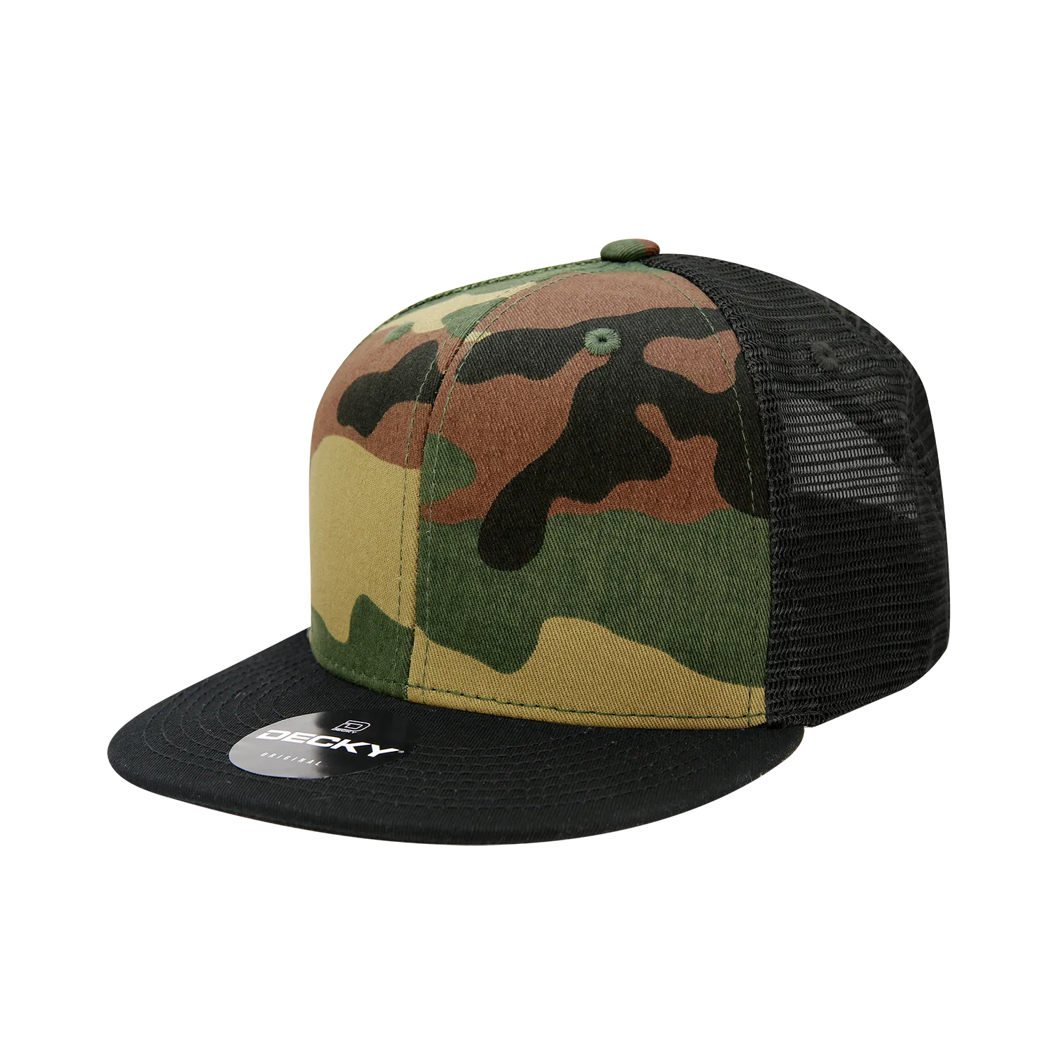 Decky 1055 Camo Flat Bill Trucker Hat, Camouflage 6 Panel Trucker Cap