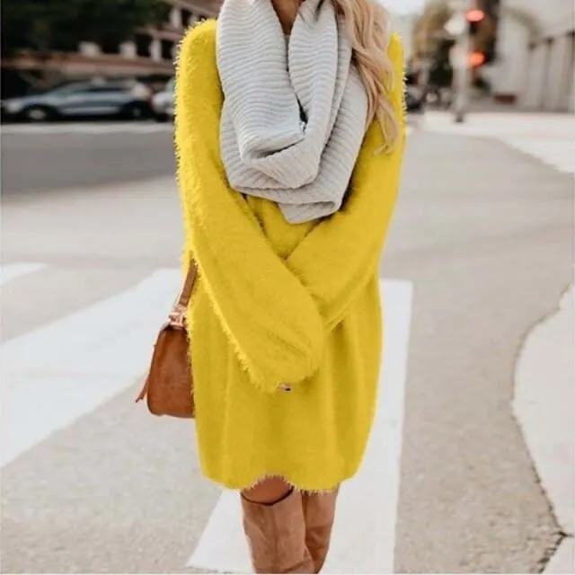 DressBetty - Long Sleeve Casual Fluffy Sweater Dress