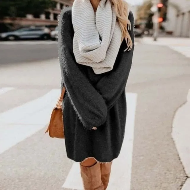 DressBetty - Long Sleeve Casual Fluffy Sweater Dress