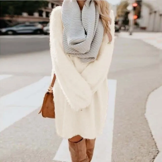 DressBetty - Long Sleeve Casual Fluffy Sweater Dress