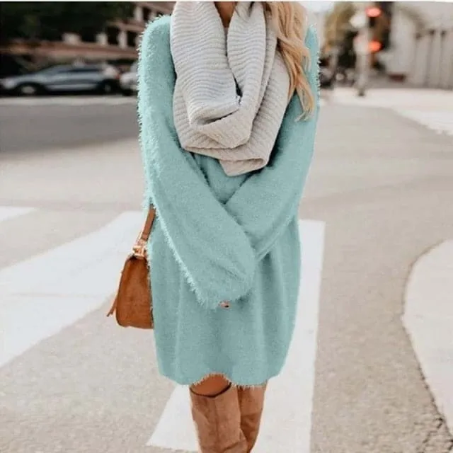 DressBetty - Long Sleeve Casual Fluffy Sweater Dress