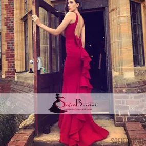 Elegant Backless Mermaid Jersey Ruffles Prom Dresses, Popular Prom Dresses , PD0392