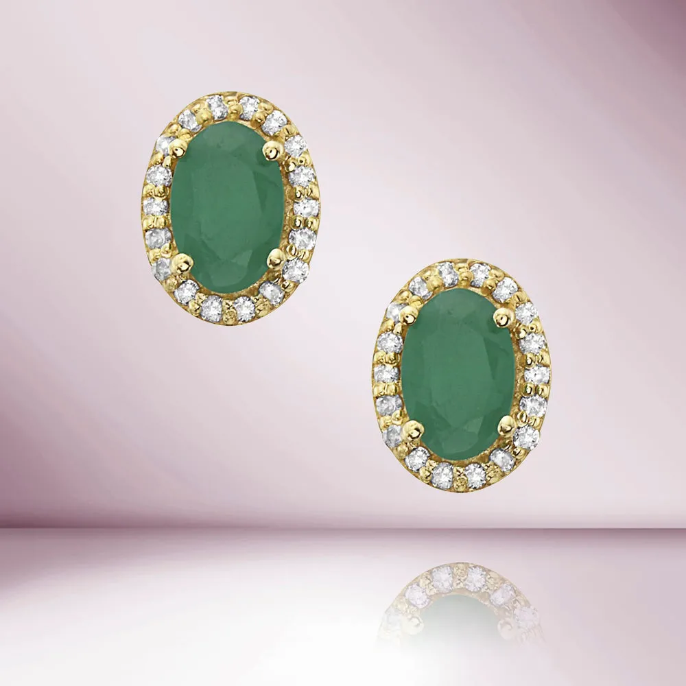 Emerald Oval Shape With Halo Diamonds Studs Earrings (0.95 ct.) in 14K Gold