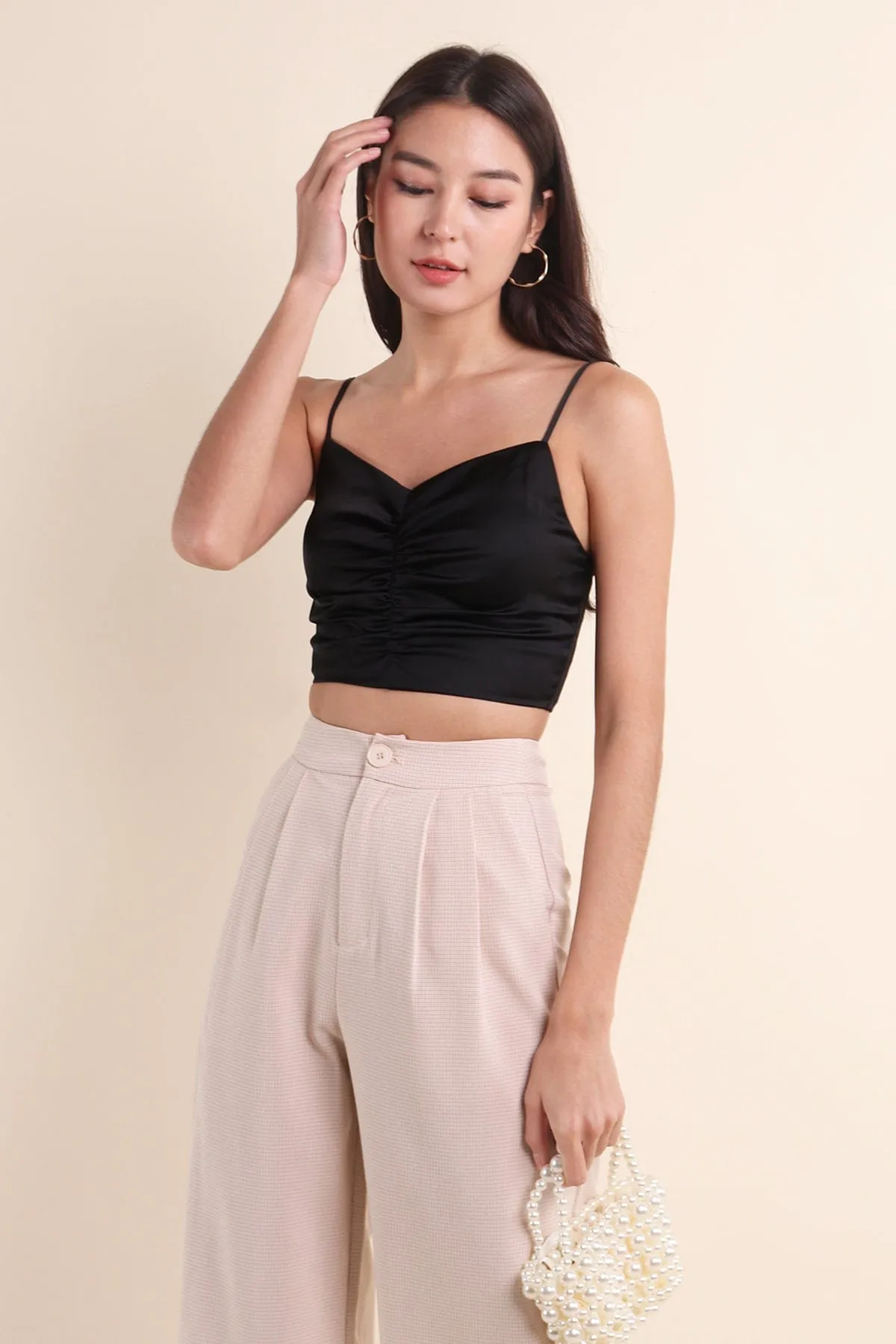 KENZIE RUCHED SATIN SPAG TOP IN BLACK