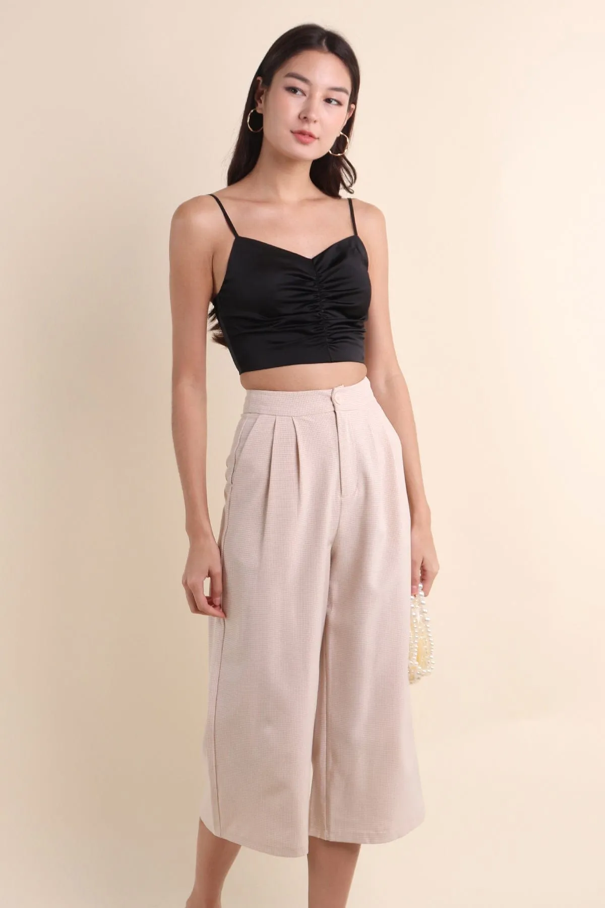 KENZIE RUCHED SATIN SPAG TOP IN BLACK