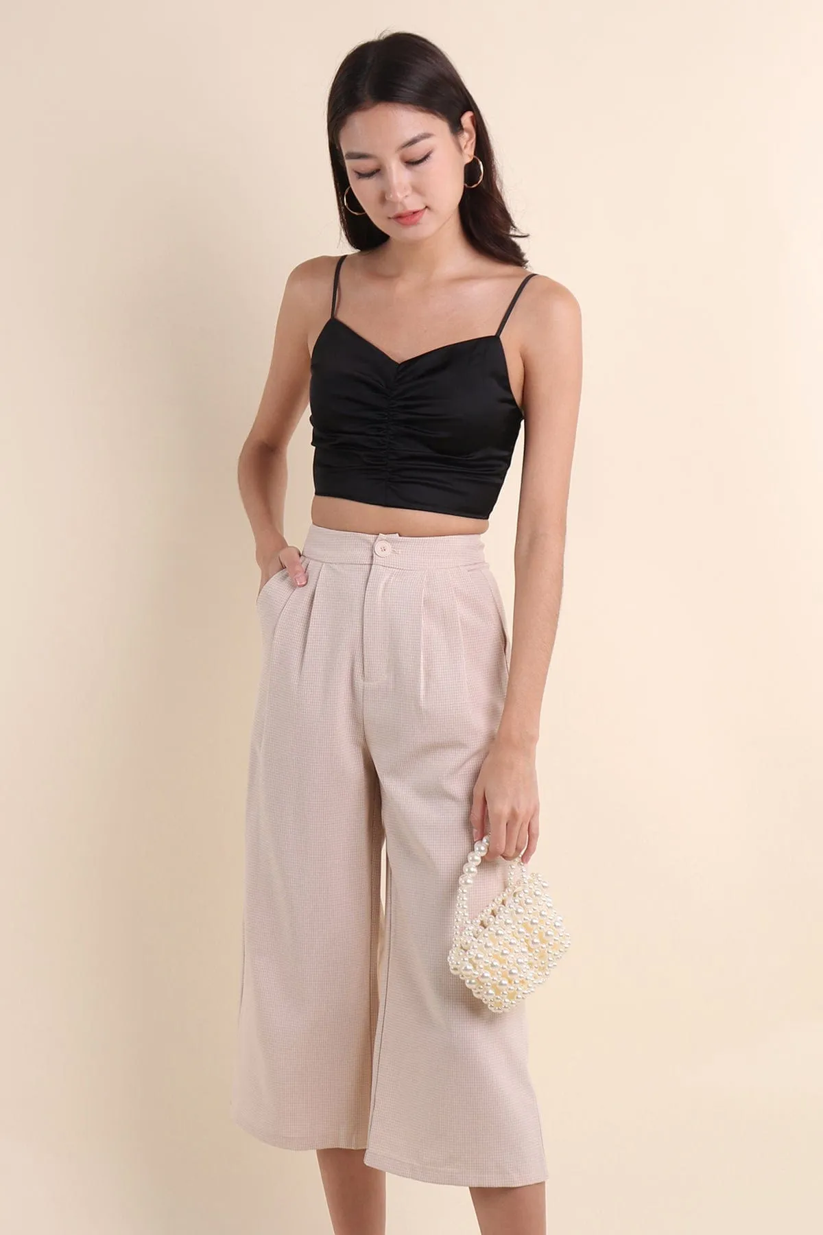 KENZIE RUCHED SATIN SPAG TOP IN BLACK