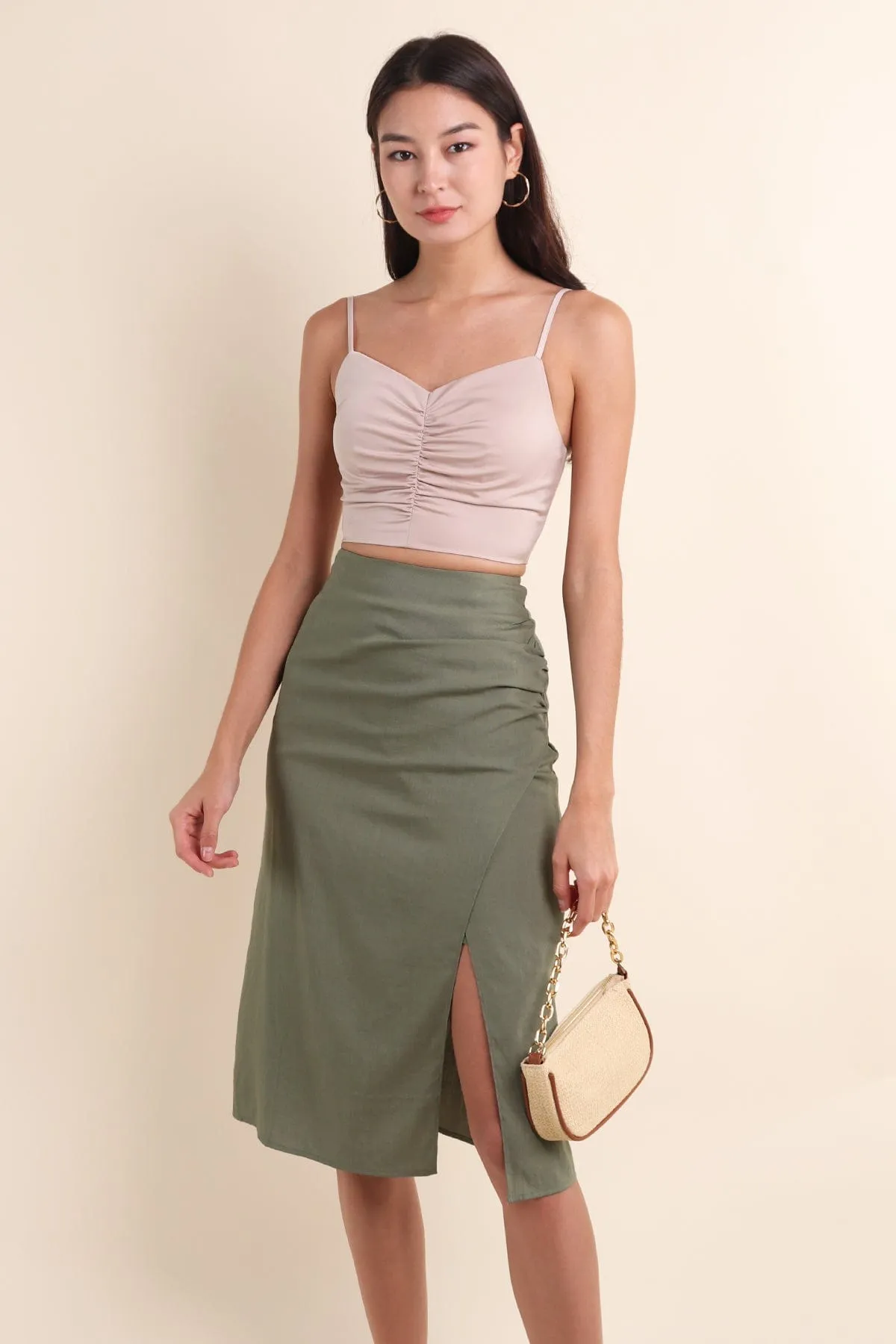 KENZIE RUCHED SATIN SPAG TOP IN IVORY BEIGE