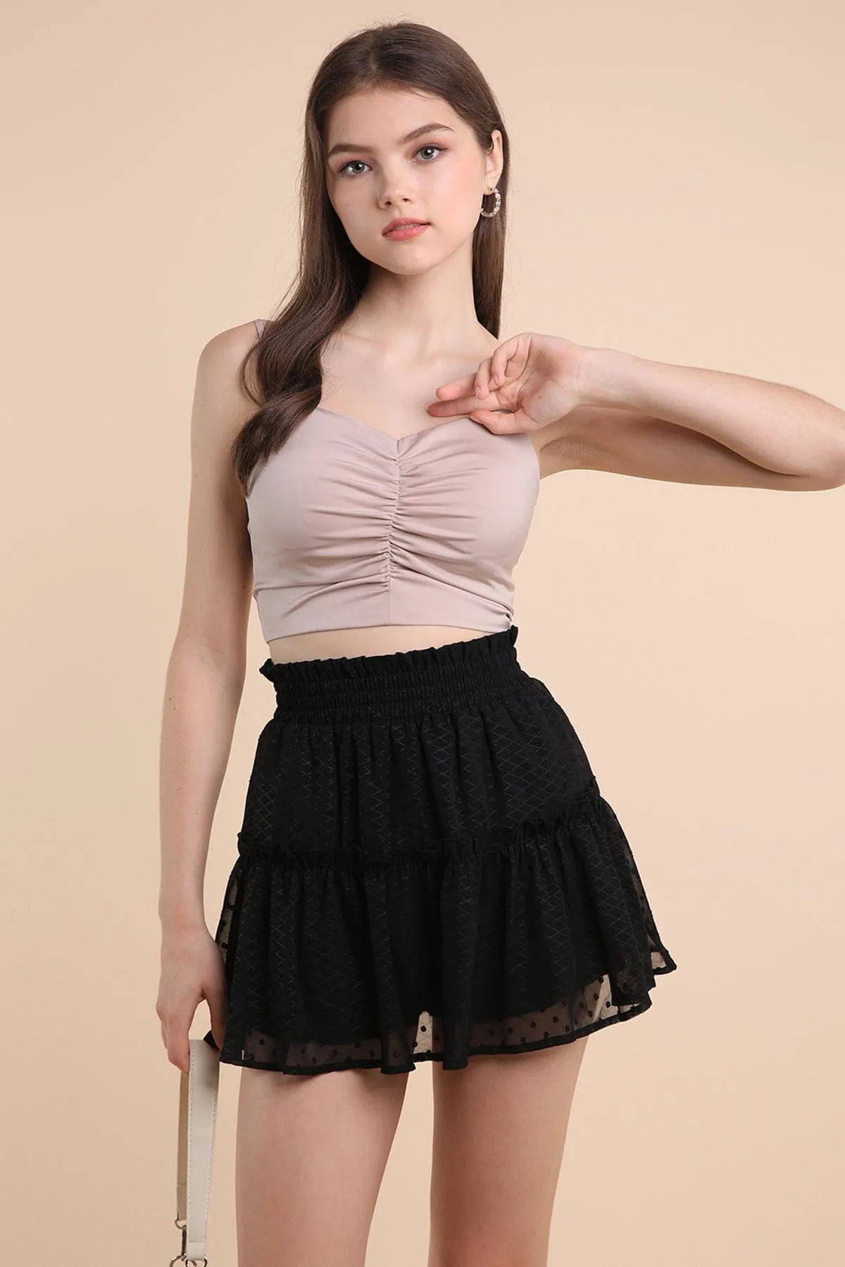 KENZIE RUCHED SATIN SPAG TOP IN IVORY BEIGE