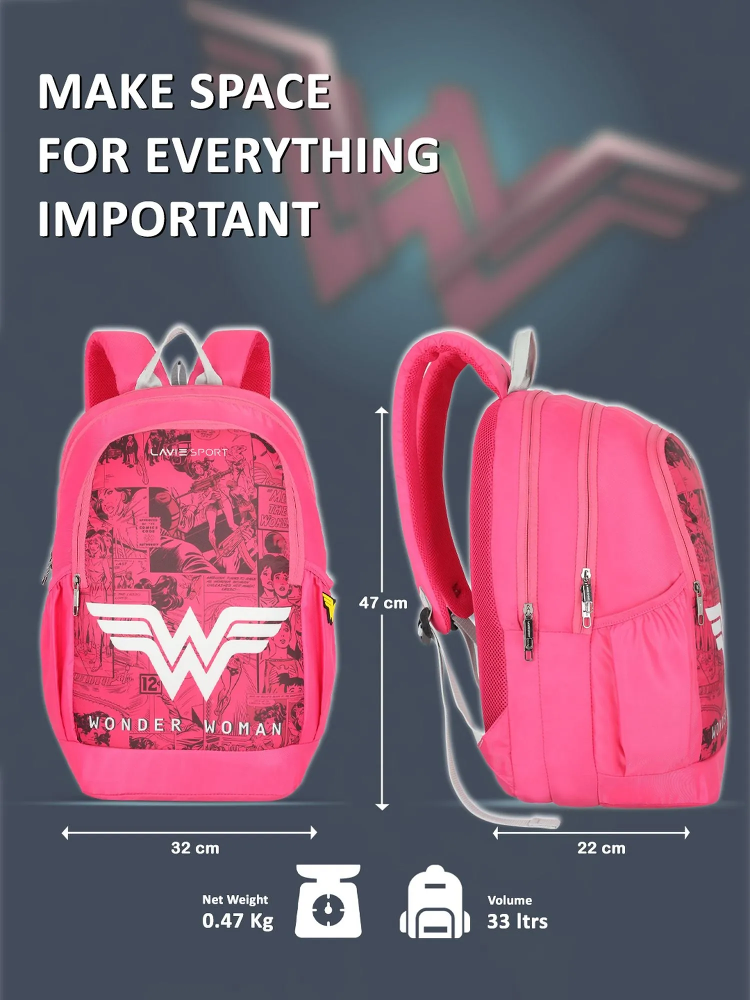 Lavie Sport Wonder Woman Wing 33L Casual Laptop Backpack For Boys & Girls Magenta