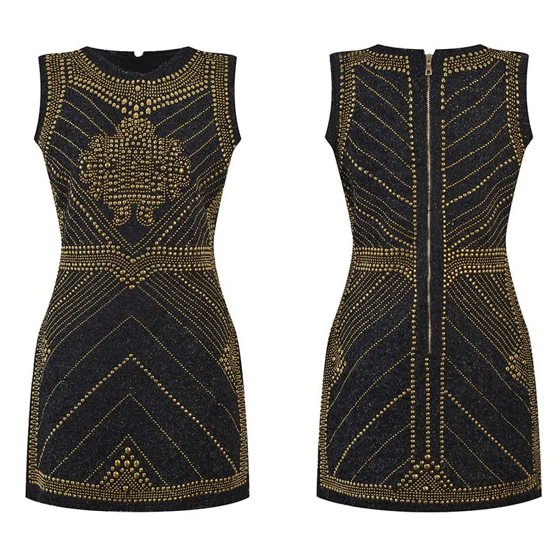 Luxurious Designer European Style Sleeveless Tweed Fabric Women Sparkle Beaded Dress for Elegant Lady Heavy Handmonds Diamonds