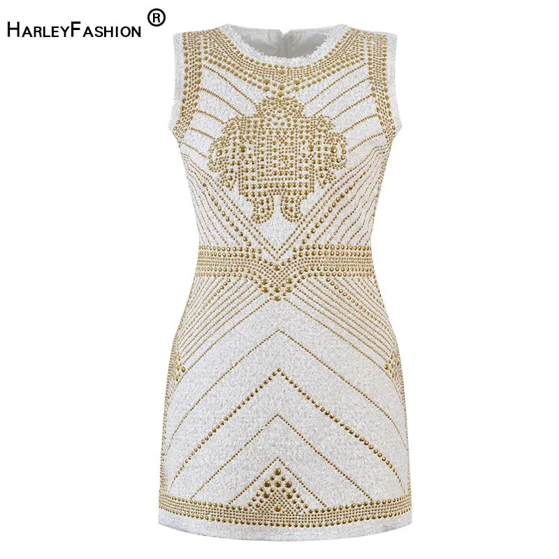 Luxurious Designer European Style Sleeveless Tweed Fabric Women Sparkle Beaded Dress for Elegant Lady Heavy Handmonds Diamonds