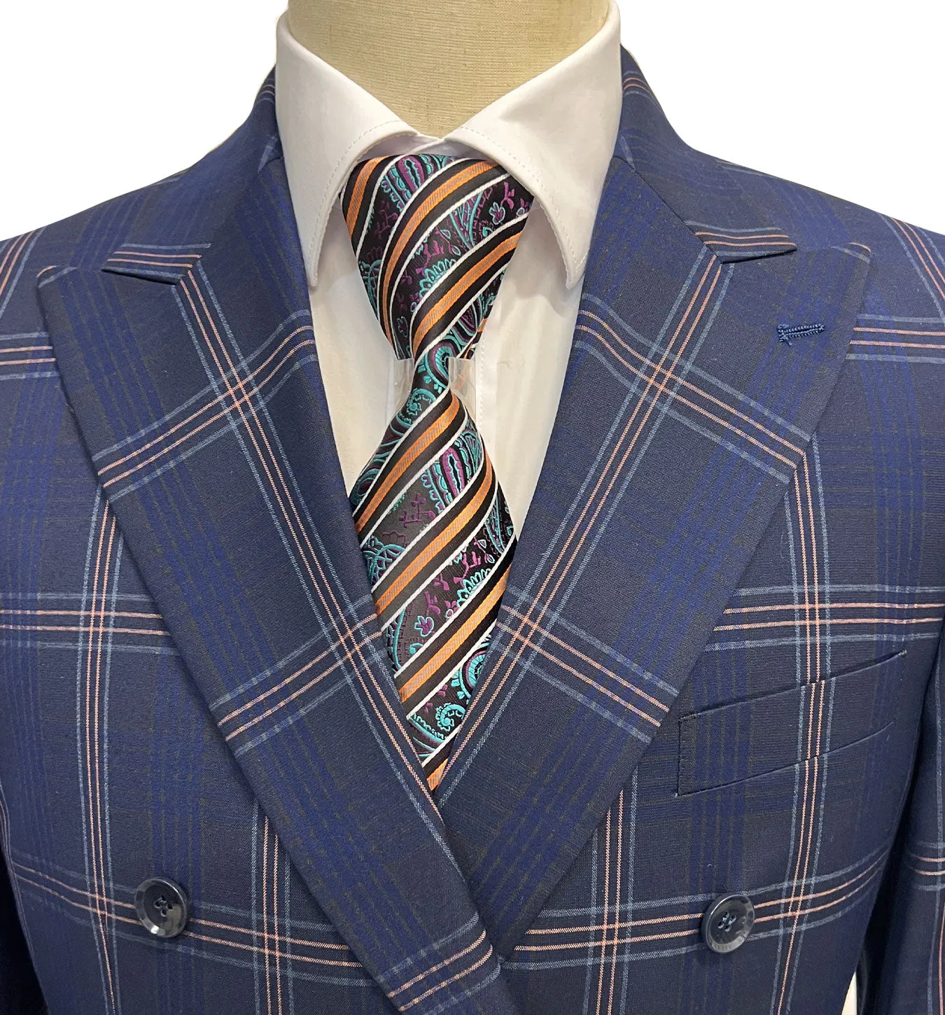 Mazari Slam Windowpane Double Breasted Modern Fit Suit - Blue 2028
