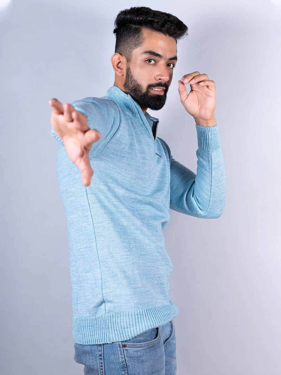 Powder Blue Color Classic Zipper Sweater