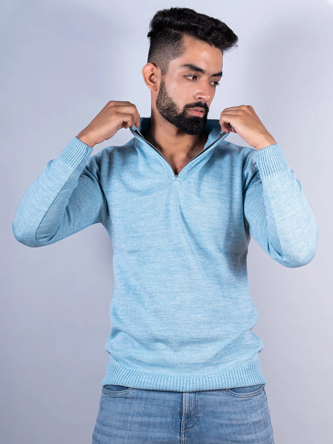 Powder Blue Color Classic Zipper Sweater