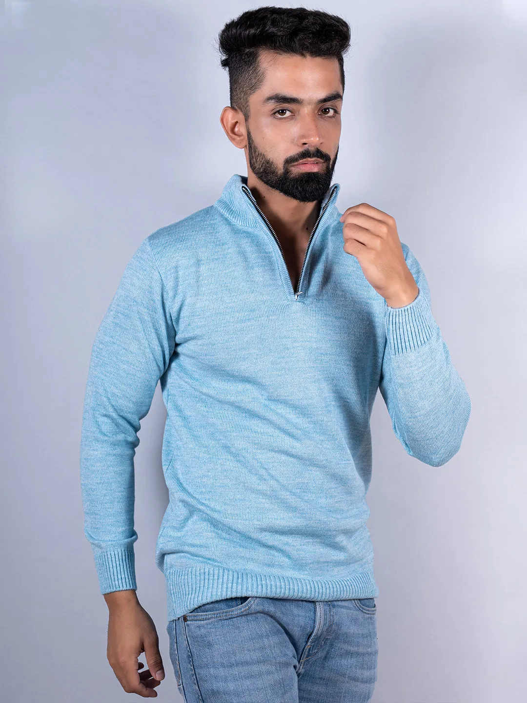 Powder Blue Color Classic Zipper Sweater