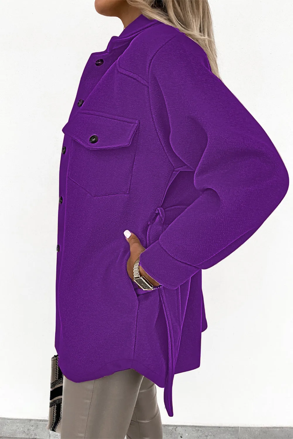 Purple Lapel Button-Down Coat with Chest Pockets