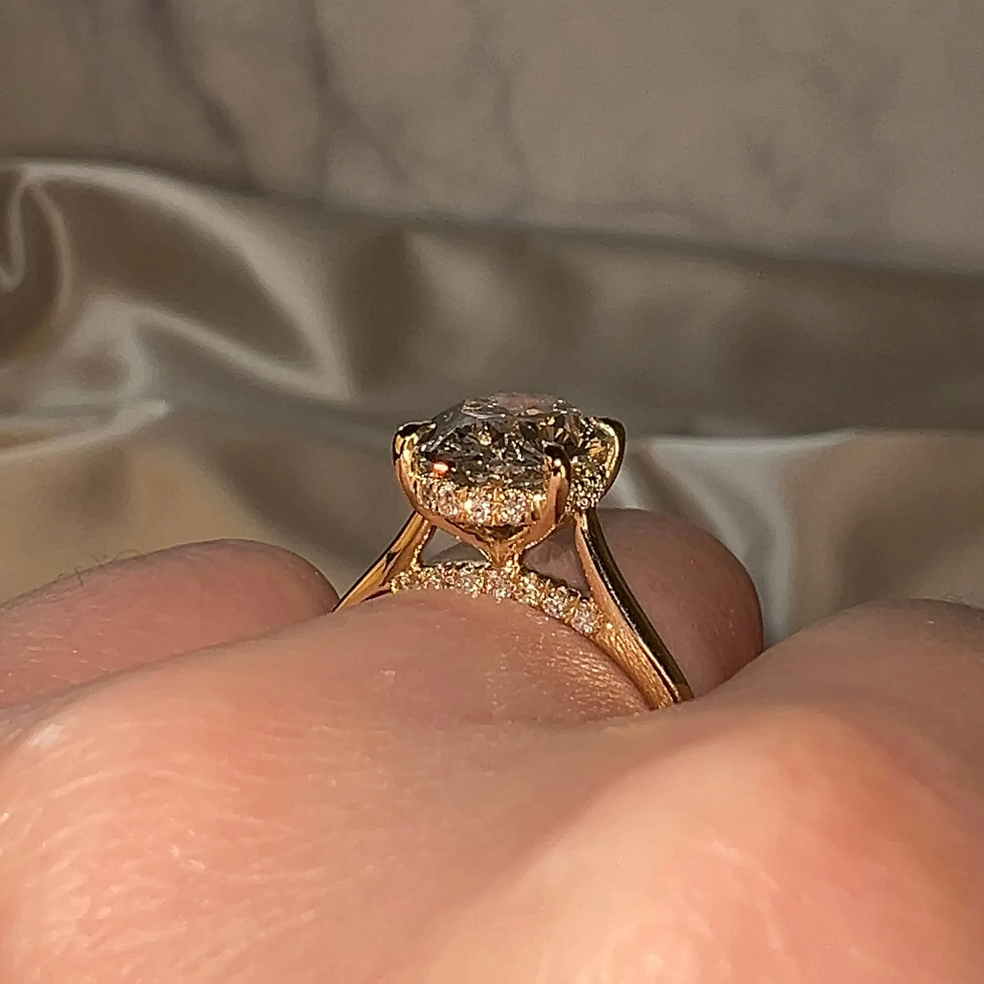 "Honor" 2 Carat Hidden Under Halo Oval Cut Diamond Yellow Gold Engagement Ring