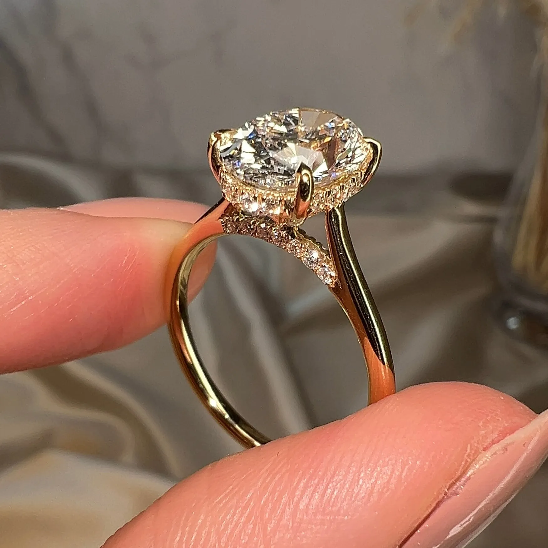 "Honor" 2 Carat Hidden Under Halo Oval Cut Diamond Yellow Gold Engagement Ring