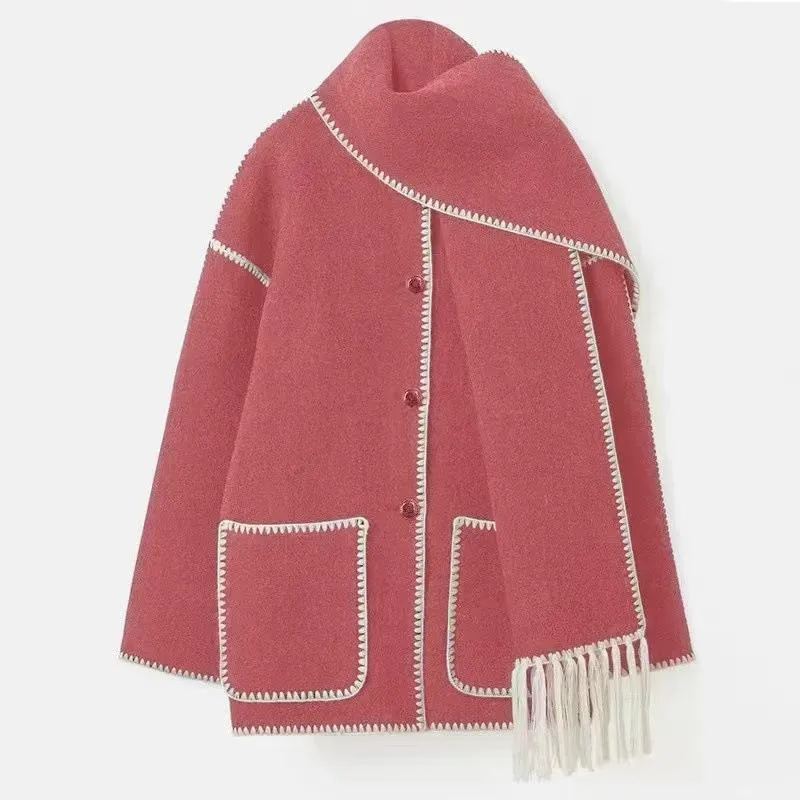 Stylish woolen coat with scarf and tassels