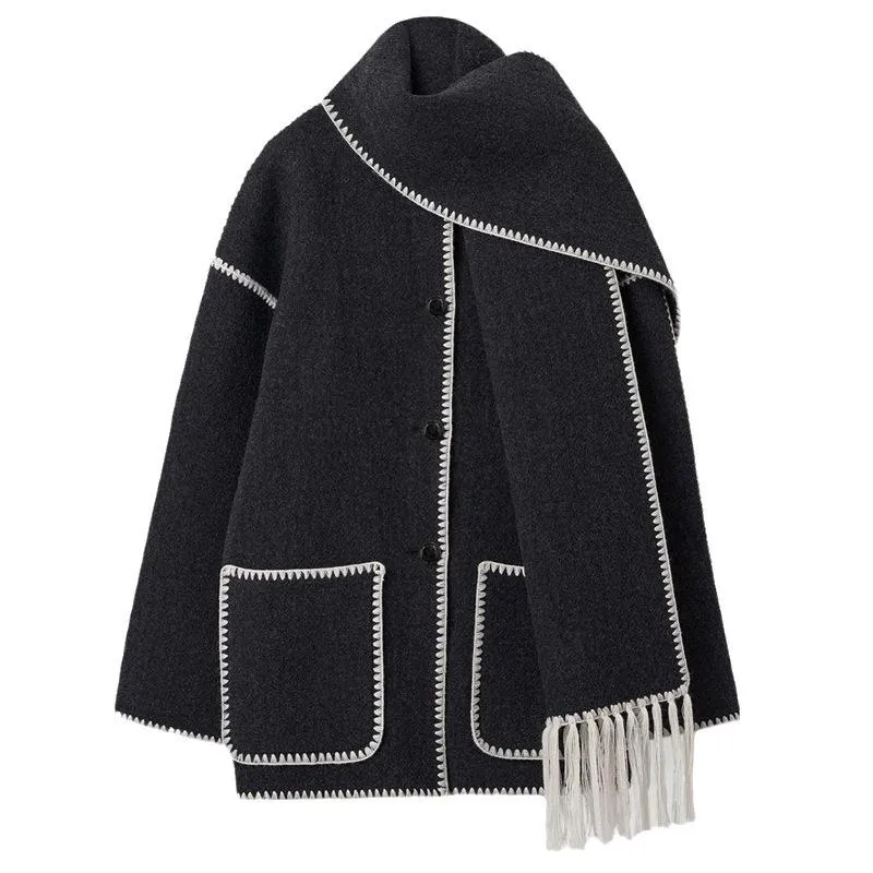 Stylish woolen coat with scarf and tassels