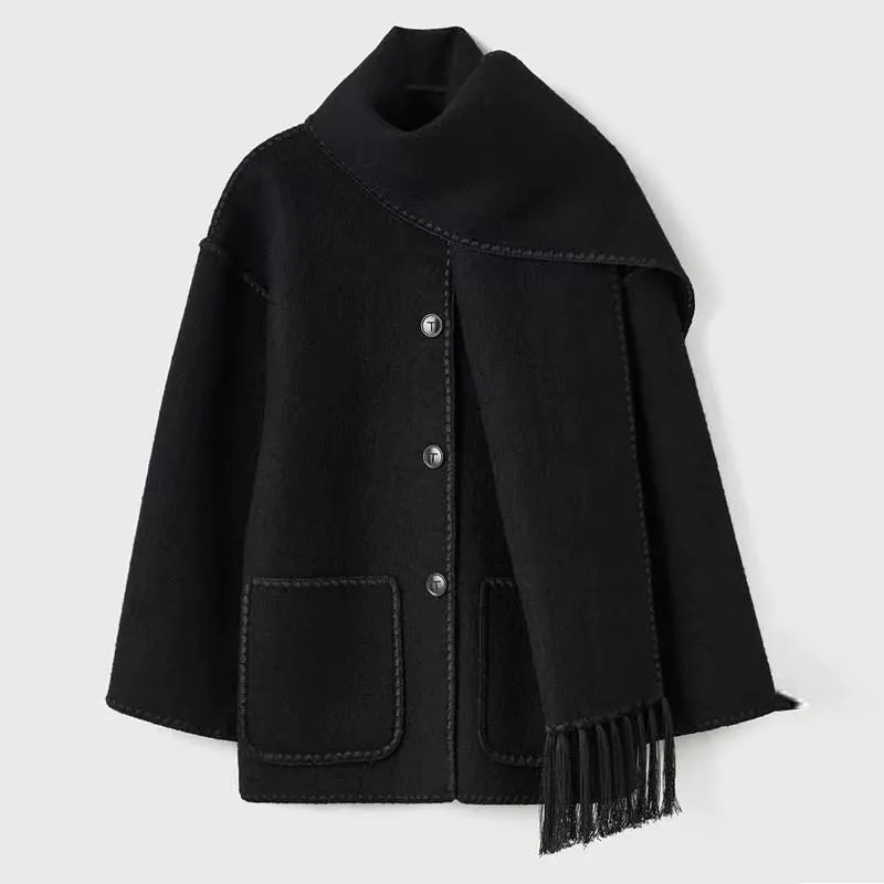Stylish woolen coat with scarf and tassels